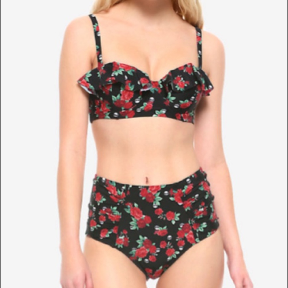 Roses‎ & Skulls Ruched High-Waisted Swim Bottoms Hot Topic